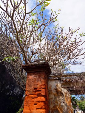 Arka planda dallanan ağacın yanında bir Bali tapınağında Hindu sütunları. Kırmızı tuğladan yapılmış geleneksel mimari ve Bali kültürünü yansıtan süslü taşlar.