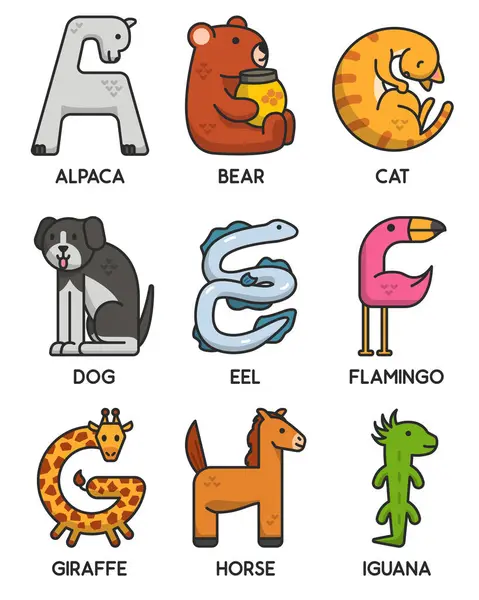 Cute Vector Animals Alphabet Letter Form — Stock Vector