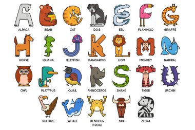 Alfabe harfi şeklinde şirin vektör hayvanlar. ABC çocuklar için öğrenme afişi. Tuhaf, eşsiz vahşi yaşamla eğlenceli öğrenme yolları..
