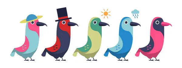 Sets Von Niedlichen Bunten Vögeln Einfache Illustration Für Kinder Isoliert — Stockvektor