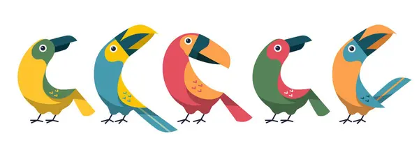 Conjuntos Pássaros Coloridos Bonitos Ilustração Simples Para Crianças Isoladas Fundo —  Vetores de Stock