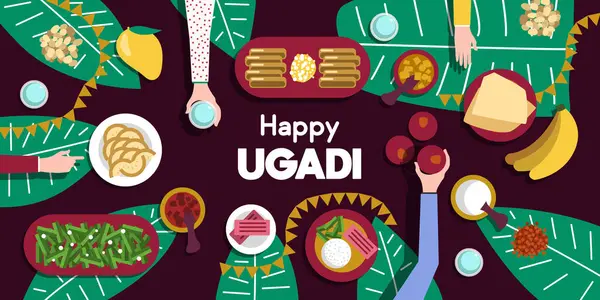 Ugadi Feast Celebration Group People Gather Hindu New Year Top — Stock Vector