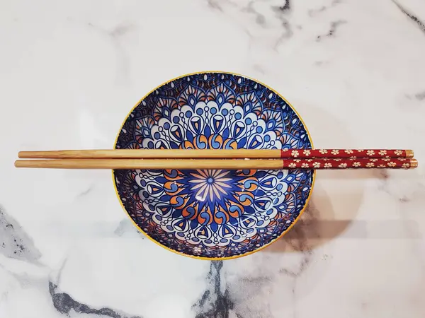 Ornate Ceramic Bowl Chopsticks Top Marble Dining Table Bowl Mediterranian — Stock Photo, Image