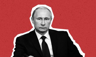 Rus lider Vladimir Putin 'in portresi kesildi. Siyah ve beyaz kolaj sanatı izole