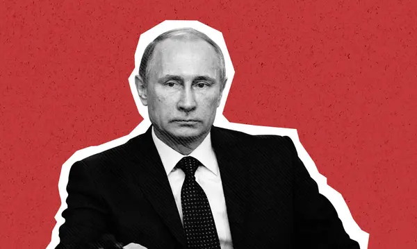 Rus lider Vladimir Putin 'in portresi kesildi. Siyah ve beyaz kolaj sanatı izole