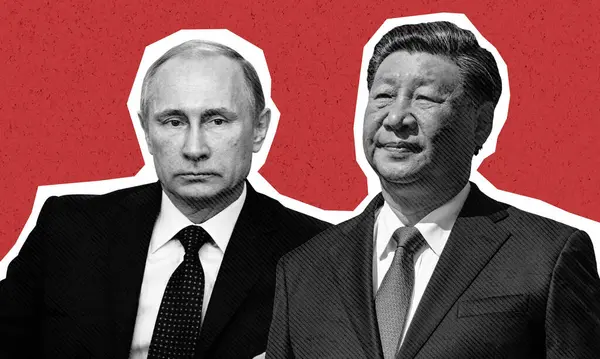 Çin Cumhurbaşkanı Xi Jinping ve Rus lider Vladimir Putin siyasi işbirliği. Siyah ve beyaz kolaj sanatı izole
