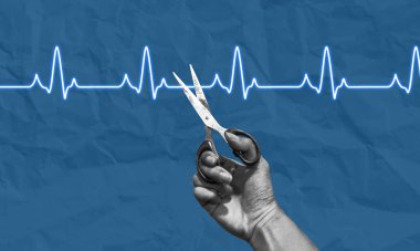 Ending life concept collage art. Hand with scissors cutting an ECG graph line. Euthanasia concept, intentionally ending life to eliminate pain and suffering. clipart