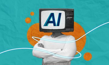 AI TV baş kolaj sanatı olan bir insan. Yapay zeka konsepti, yapay zeka gibi düşünmek..