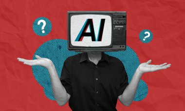 Yapay zeka, konsept kolaj sanatı. Televizyon başında suni zekayı temsil eden insan verilen komutu anlayamıyor. Kırmızı arkaplanda siyah beyaz çizimler izole edildi.