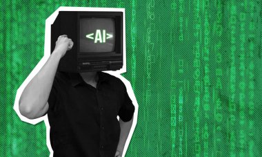Yapay zeka kodlama konsepti kolaj sanatını öğreniyor. Televizyonun başını kaşıyan adam yapay zekayı temsil ediyor. Matrix yeşil arka planda izole edilmiş..