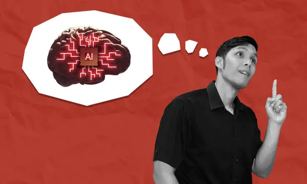 stock image Young Asian man thinking about using AI to solve his problem collage art. AI brain concept imagination in floating speech bubble, isolated on red background