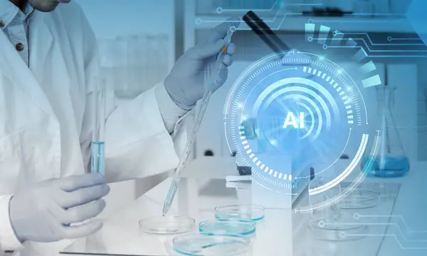 stock image AI assistant in biotechnology science experiment. Artificial intelligence augmented reality virtual interface in a lab helping scientist testing substance.