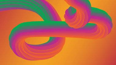 Sıvı şekilli renkli gradyan çizimler. Dinamik 3D vektör tasarımı, yeşil, pembe ve mor kıvrımlı kıvrımları sıcak turuncu arka planda gösteriyor.