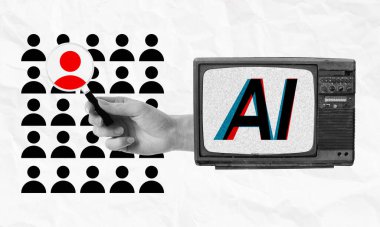 Yapay zeka teknolojisi, işe alım süreci kolaj sanatında yardımcı oluyor. Yapay zeka mesajı ve el ele tutuşan büyüteçle insan siluetini tanımlayan bir televizyon ekranı. Siyah beyaz fotoğraf.