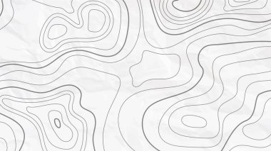 Soyut topografik hat. Harita çizimi için coğrafi harita çizimi beyaz buruşmuş kağıt arkaplan ve doku üzerinde izole edilmiştir. Siyah ve beyaz vektör çizgisi şablonu