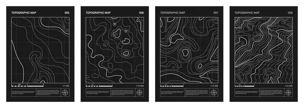 stock vector Retro futuristic topographic map, relief contour posters set. Abstract line represents land elevation with minimalist art style design. Cartography terrain pattern. Modern monochrome brutalism print