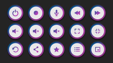 Müzik listesi neumorfik UI düğmesi siyah arkaplan üzerine ayarlandı. Basit simge içeren gelecekçi yumuşak kullanıcı arayüzü düğmeleri koleksiyonu. Mobil, masaüstü uygulaması için ses tuşu, kayıt, ileri sarma düğmesi