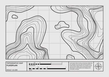 Coğrafi taşkın sade peyzaj yardım haritası, topografik poster. Soyut çizgi çizimi, minimalist sanat tasarımı ile arazi yükselişini temsil eder. Harita kalıbı. Modern monokrom baskısı