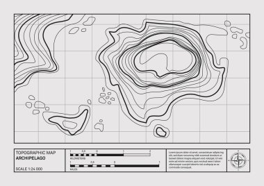 Geographical archipelago landscape relief contour map, topographic poster. Abstract line drawing represent land elevation with minimalist art style design. Cartography pattern. Modern monochrome print clipart