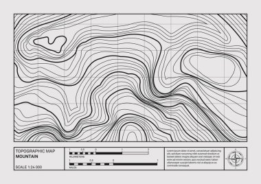 Coğrafi dağ manzarası rahatlama haritası, topografik poster. Soyut çizgi çizimi, minimalist sanat tasarımı ile arazi yükselişini temsil eder. Harita kalıbı. Modern monokrom baskısı