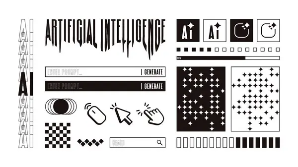 stock vector Retro futuristic AI button user interface design element. Black and white graphic for desktop computer, web page UI. App button, loading bar and search engine vector illustration.