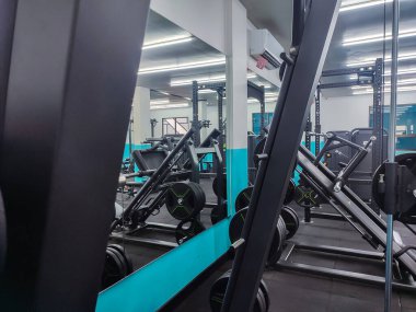 Modern spor salonunun içinde canlı çalışma alanı olan spor aletleri, kapalı alanda kas egzersizi için makine.
