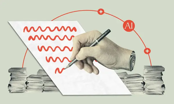 stock image Effective AI writing tools collage. Hand writing on paper, symbolism of artificial intelligence getting the work done quick, piles of papers on the background. Vintage style contemporary pop art.