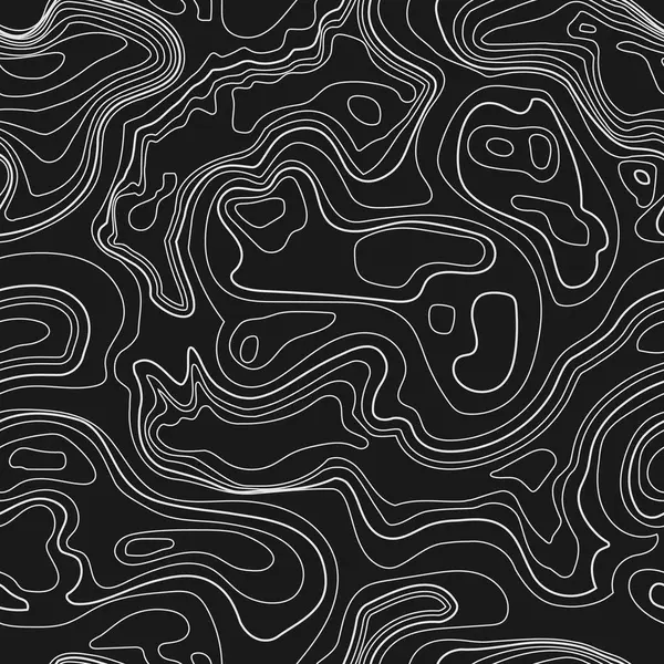 Siyah arkaplanda kusursuz bir topoğrafik beyaz hat haritası deseni. Duvar kağıdı, arkaplan, pankart için soyut dalgalı döngü çizgisi arkaplanı.