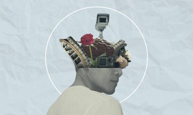 İnsanın kafasının içindeki klasik kolaj fikirler, soyut düşünceler, güzellik ve makine parçalarıyla dolu. Sürrealizm çizimi, pop sanatı, kağıt dokusu arka planında izole edilmiş..