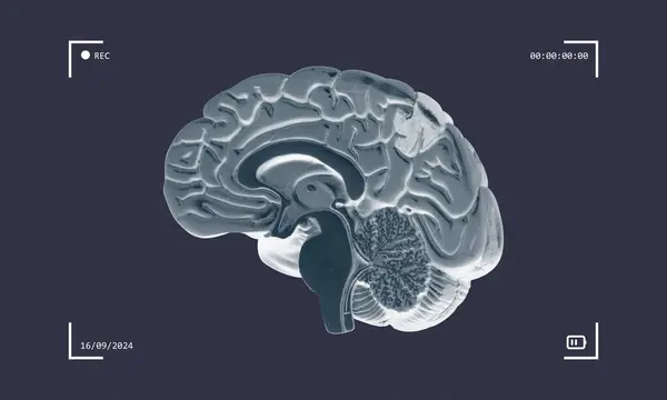 stock image Brain x-ray roentgen with video camera interface collage concept. Healthcare medical illustration,