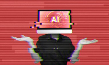 Bozuk yapay zeka sistemi, kırmızı alarm arka planında hata mesajı. Kafası ekranda olan kişi, yapay zekanın insanlara karşı isyankar olduğunu simgeliyor. Hack konsept kolaj sanatı.