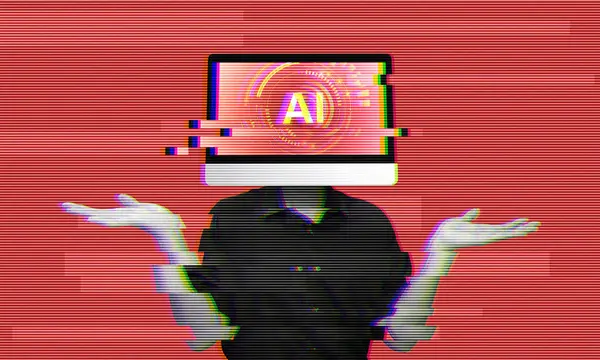 Bozuk yapay zeka sistemi, kırmızı alarm arka planında hata mesajı. Kafası ekranda olan kişi, yapay zekanın insanlara karşı isyankar olduğunu simgeliyor. Hack konsept kolaj sanatı.
