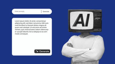 Yapay zeka jeneratör retro kullanıcı arayüzü modellemesi ve mobil uygulama, web tarayıcı, pankart için şablon. Televizyon başında suni zekayı temsil eden kişi. Düz vektör illüstrasyonu.