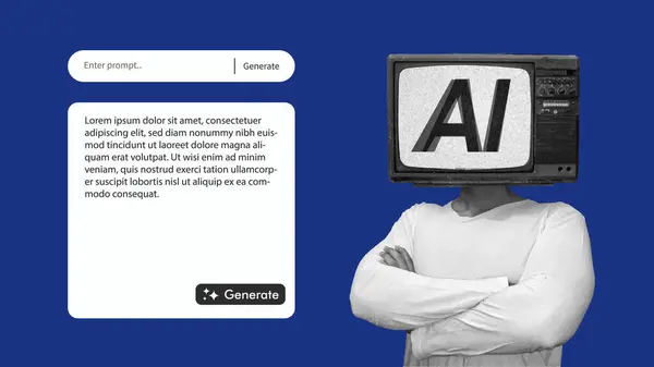 Yapay zeka jeneratör retro kullanıcı arayüzü modellemesi ve mobil uygulama, web tarayıcı, pankart için şablon. Televizyon başında suni zekayı temsil eden kişi. Düz vektör illüstrasyonu.