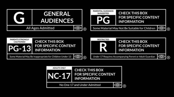 MPA Film sınıflandırma sistemi ters etiketleme seti, beyaz vektör sanatı siyah arkaplanda izole edildi