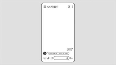 Sohbet robotu animasyon videosu ile sohbet. Dijital uygulamada üretici yapay zeka etkileşimi. Ekranda yazma ve sohbet baloncuğu açılır.
