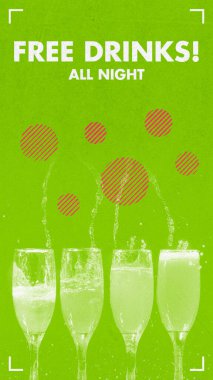 Dikey oryantasyonlu sosyal medya için klasik bedava içki partisi davetiyesi posteri. Limon yeşili arka planda 4 bardak içki ve içecek izole edilmiş..