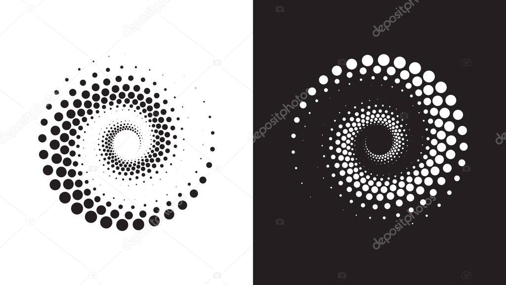 Abstract dotted spiral geometric shapes collection. Black and white halftone optical illusion, aesthetic op art design element. Flat vector art