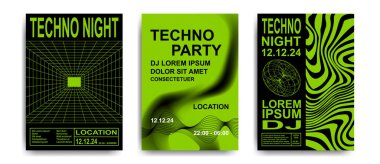 Modern tekno parti davet poster şablonları soyut retro fütüristik tasarım elemanları ve canlı yeşil limon rengi.