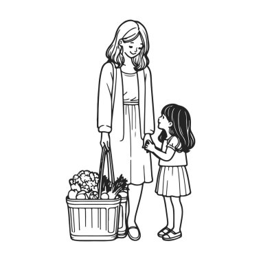 Anne ve kızı alışveriş yaparken kaliteli zaman geçiriyorlar. Beyaz arka planda izole edilmiş siyah beyaz çizgiler çiziyorlar. Şirin düz sanat karikatürü çizimi