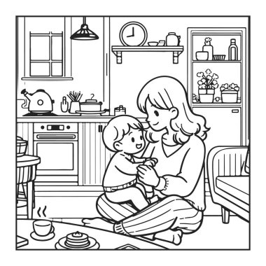 Anne, çocuğunu evin içinde, oturma odasında beşikte tutuyor, siyah beyaz çizgiler çiziyor, boyama kitabı şablonu yapıyor..