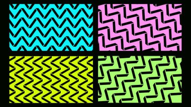 Soyut 3D zigzag çizgileri desen koleksiyonu. Canlı renklere ve kalın dokulara sahip modern minimalist sanat. İşlem sanatı vektör illüstrasyonu