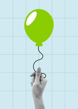 El ele tutuşan tek bir yeşil balon pop sanat illüstrasyonu. Doğum günü kutlaması, etkinlik için parti dekorasyonu. Düz vektör grafik ögesi izole edildi.