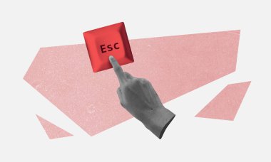 Kırmızı tuşa bas, konsepti bırak. 3d modern kolaj çizimi beyaz arkaplanda izole edildi