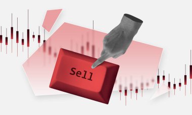 Büyük kırmızı satış düğmesine, şamdanın hisse senedi tablolarına el basarak. Panik satışı, piyasa düşüşleri ve ticaret kararlarının sembolü. Taşıyıcı kripto para birimi eğilimi kavramı