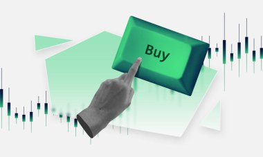 Büyük yeşil düğmeye basarak, şamdanın hisse senedi grafiklerini çıkararak. Hisse senedi, piyasa güveni ve ticaret kararlarının sembolü. Zorba kripto para birimi eğilimi kavramını göster