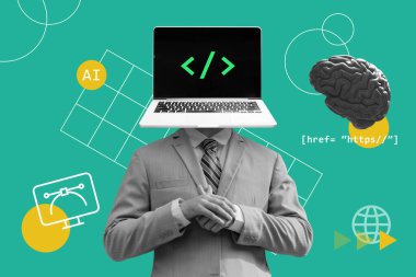 Makine, kodlamaya, programlamaya ve web sitesinin geliştirilmesine yardım etmeyi öğreniyor. İşaretleme sembolü ve elementleri olan dizüstü bilgisayarı olan bir adam, yapay zeka kolajı illüstrasyon kavramı.