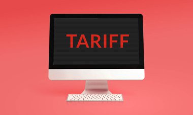 Ekrandaki TARIFF kelimeleriyle bilgisayar monitörü. Devam eden ticaret savaşı dijital malları etkiliyor. Yüksek ithalat vergi kolajı kavramı.