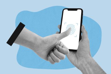 Akıllı telefonda parmak izi biyometrik tanıma teknolojisi. El ele tutuşan cep telefonu ve güvenlik doğrulama işlemi için başparmak yerleştiren bir el daha..
