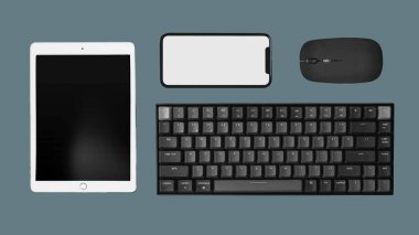 İş için elektronik aletler. Tablet, klavye, fare ve akıllı telefon gibi modern teknolojiler izole edildi. Gerçekçi vektör nesne kolajı.